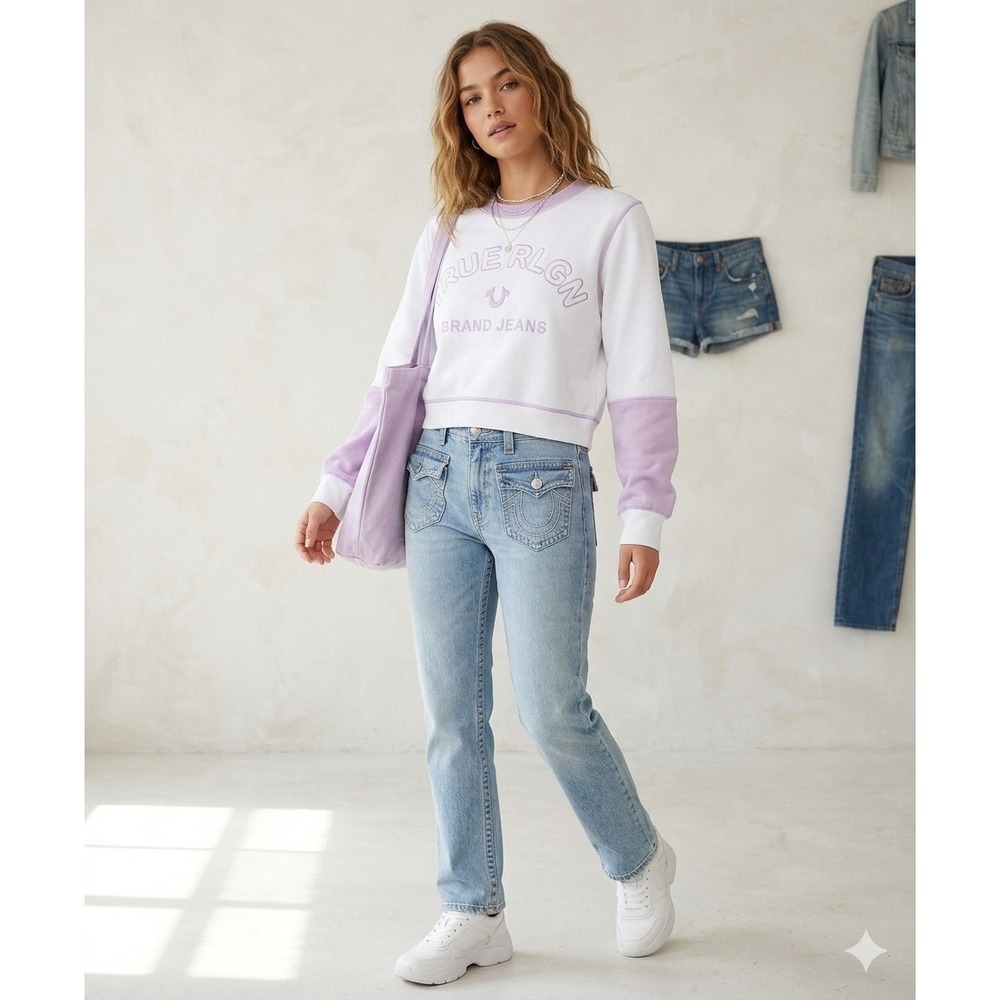 True Religion NWT‎ Color Block Shrunken Sweatshirt White Lilac Crop Y2K Bella  S